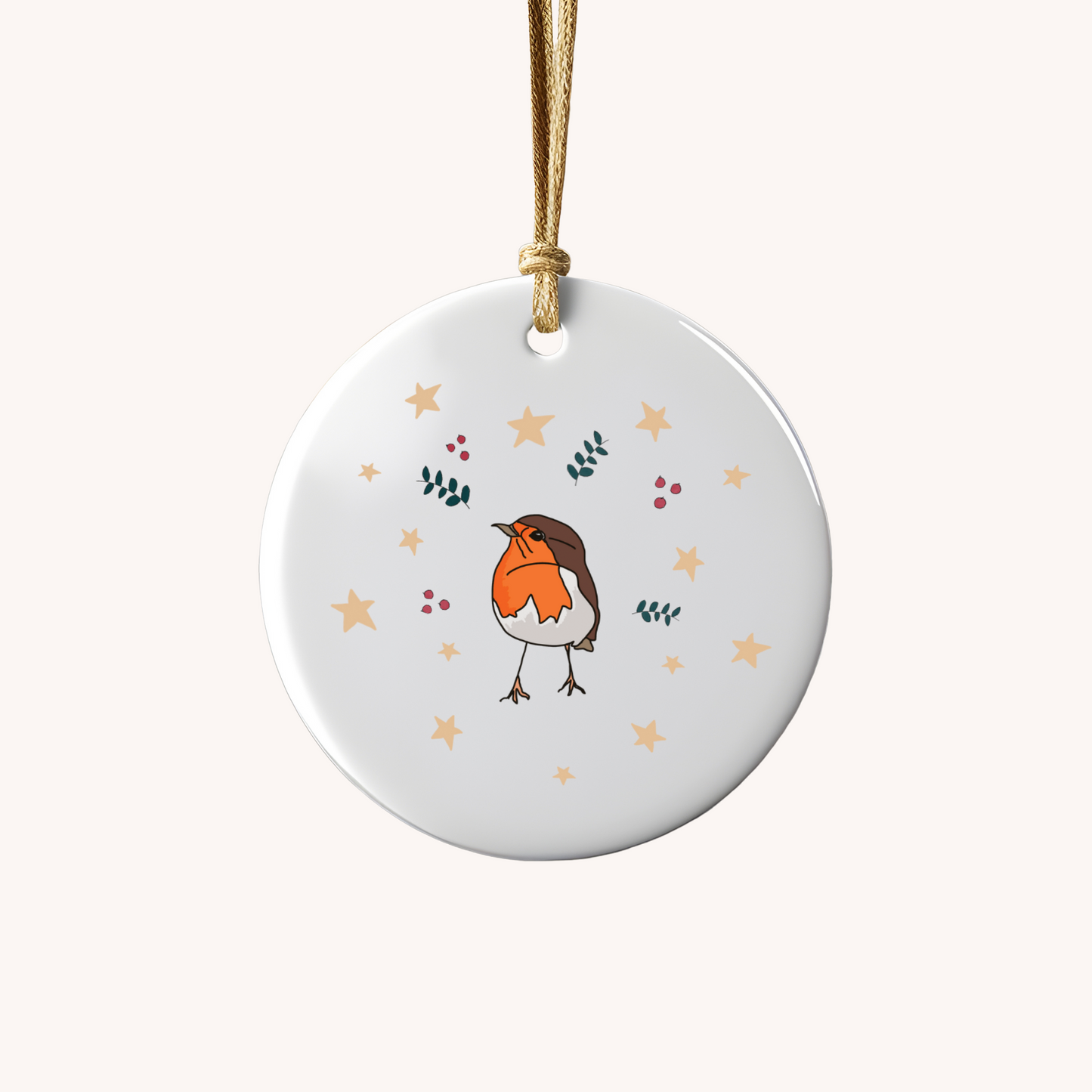 Robin with Berries Ceramic Bauble