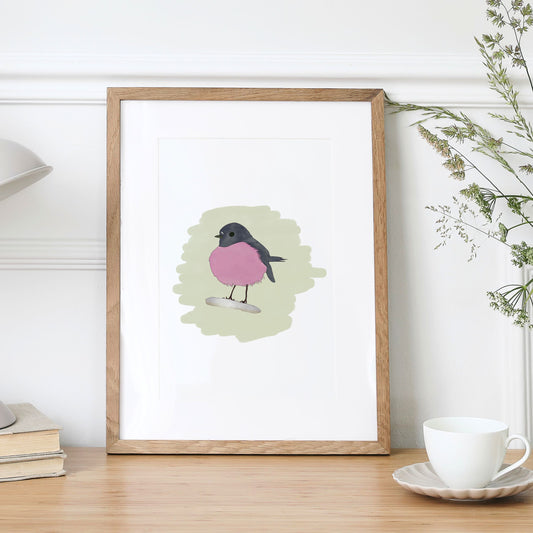 Pink Robin Art Print - British Bird Illustration